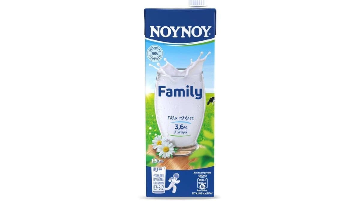 Νουνού Family Αγελαδινό Γάλα Υψηλής Θερμικής Επεξεργασίας Πλήρες, 1.5 l