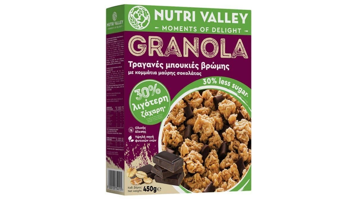 Nutri Valley Δημητριακά Granola Μαύρη Σοκολάτα 30 % Λιγότερη Ζάχαρη, 450 g