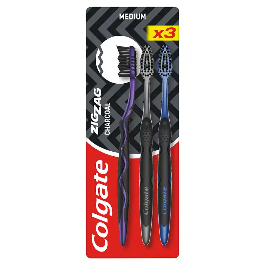 Colgate Zig Zag Οδοντόβουρτσα Charcoal Μέτρια Τριπλή Συσκευασία