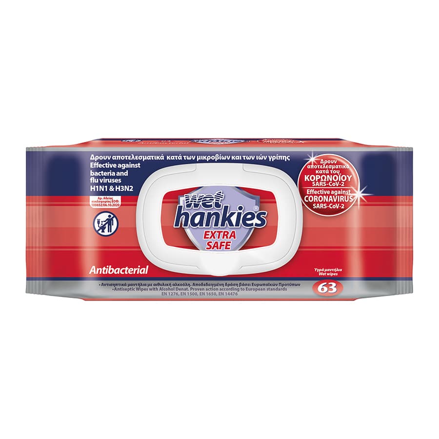 Wet Hankies Υγρά Μαντηλάκια Αντιβακτηριδιακά Extra Safe 63τεμ.
