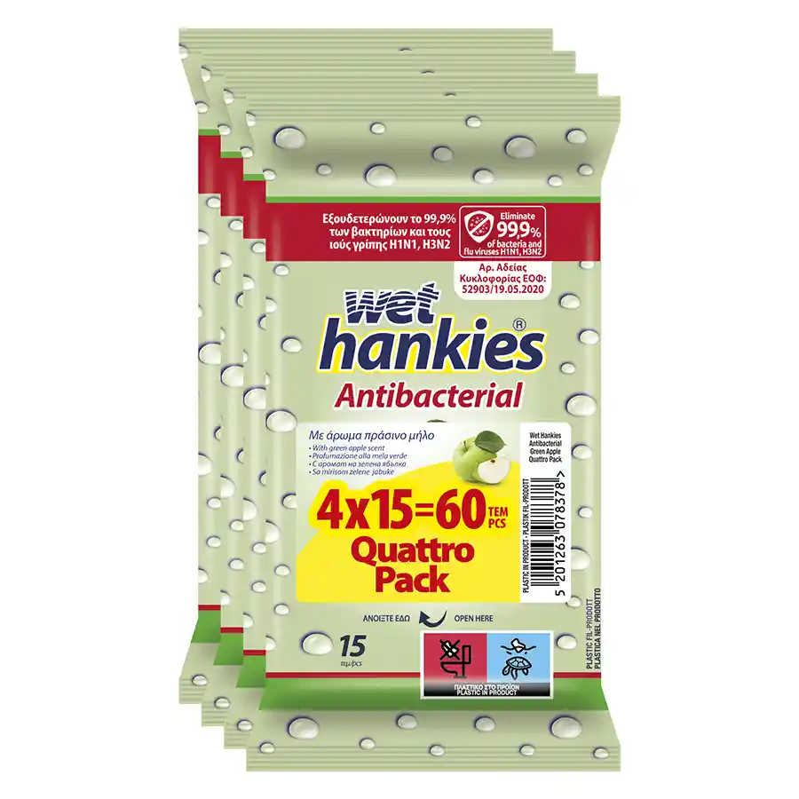 Wet Hankies Υγρά Μαντηλάκια Αντιβακτηριδιακά Πράσινο Μήλο 4x15τεμ.