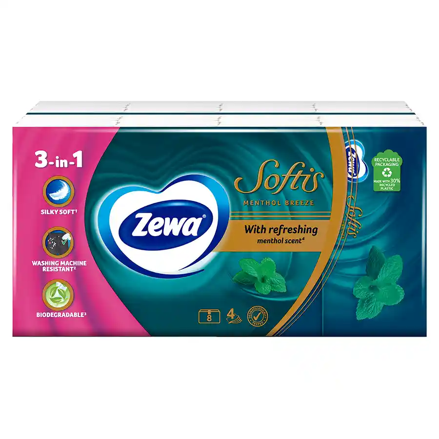 Zewa Χαρτομάντηλα Softis Menthol 4Φύλλων 8τεμ. 176γρ.